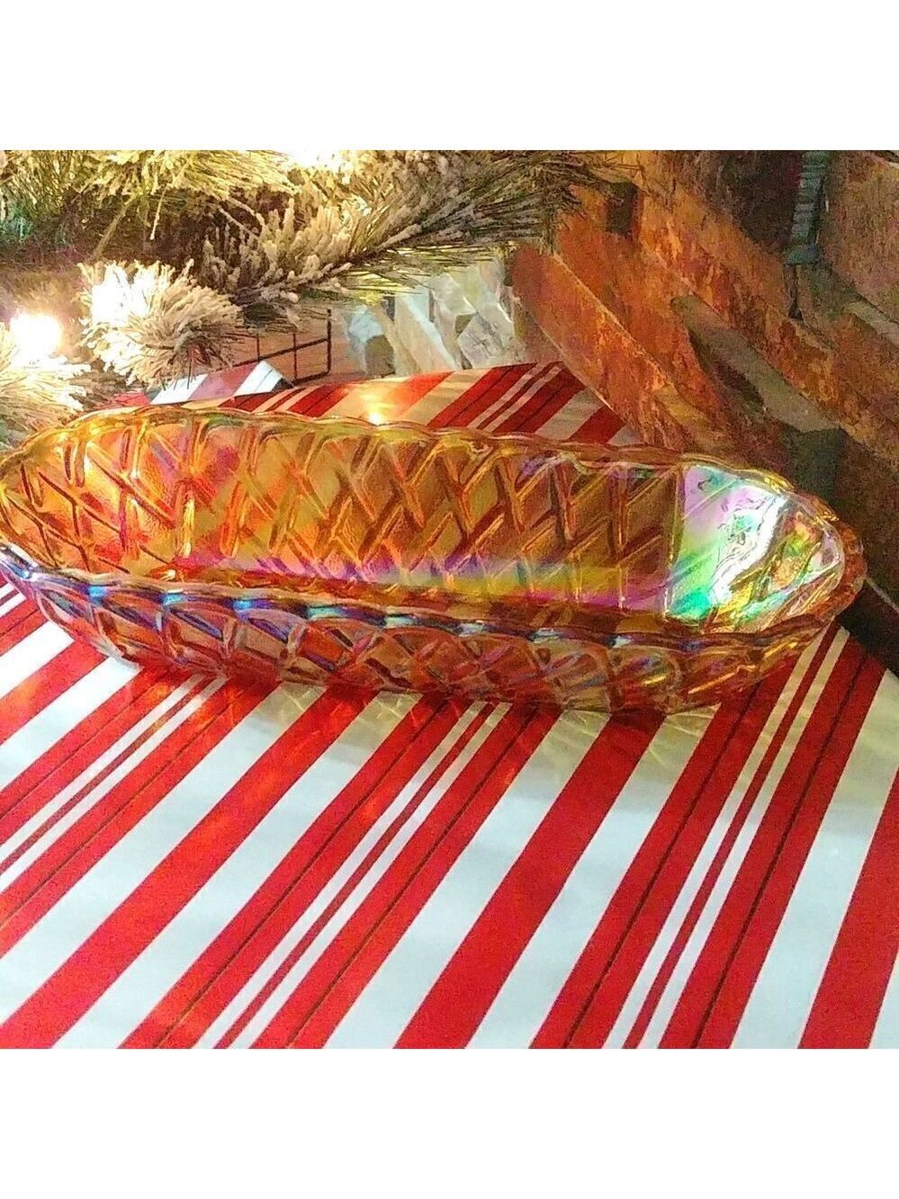 Vintage Carnival Iradescent Rainbow/ Orange Oval Glass Dish w/ Textured outside